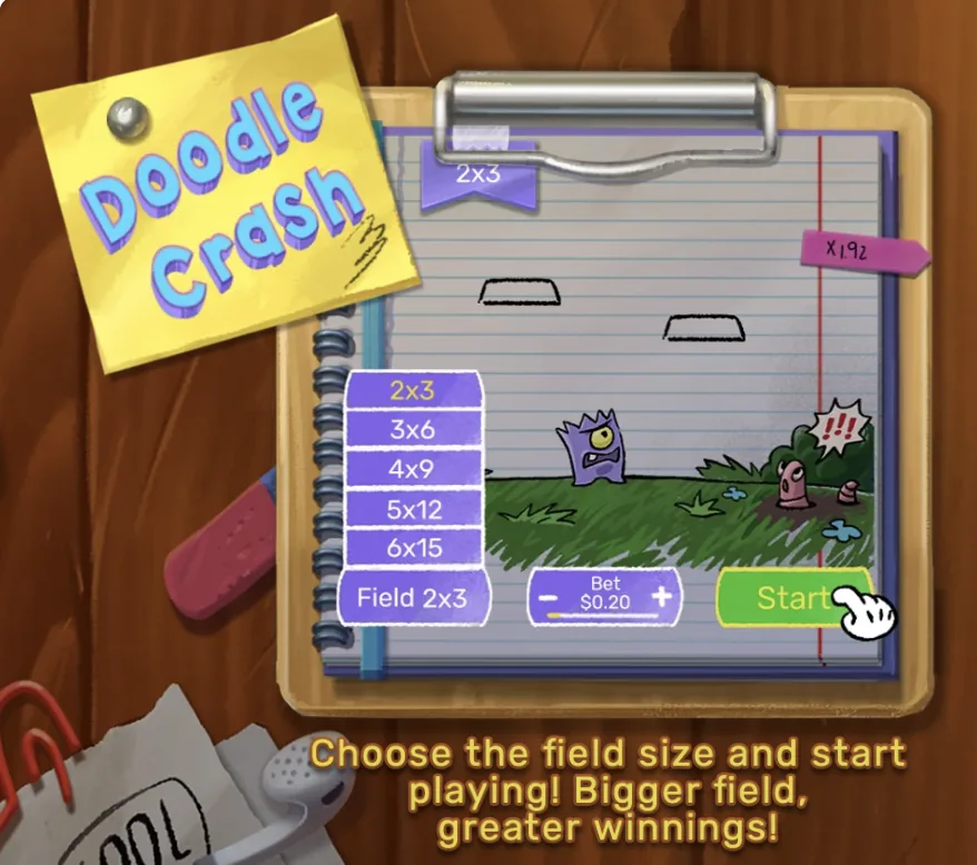 doodle-crash field selection on mobile showing five field size options from 2x3 to 6x15