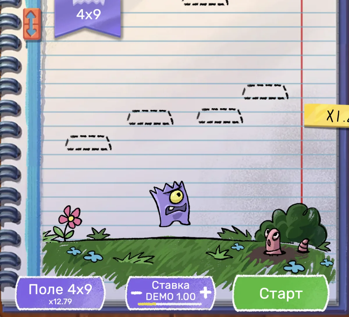 doodle-crash 4x9 field in play showing the balanced grid with 4 columns and 9 levels