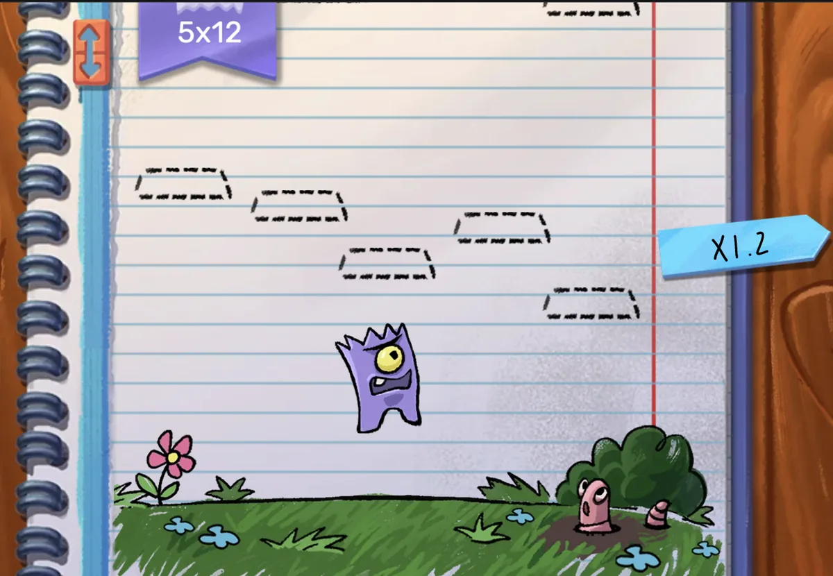 doodle-crash 5x12 field mid-game showing a high-level run with the creature deep in the grid