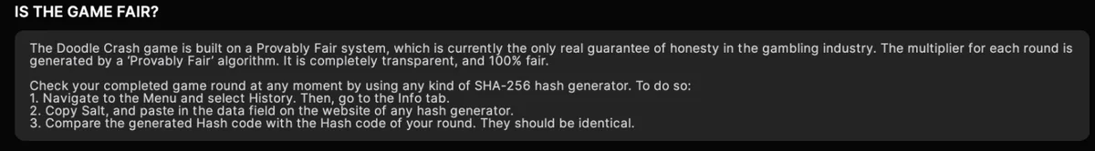 doodle-crash provably fair information screen showing SHA-256 verification methodology